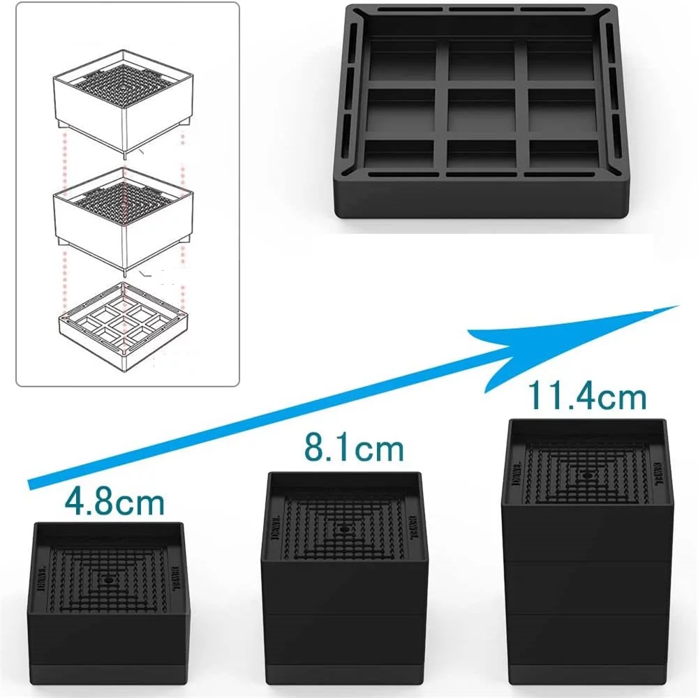 Bed Risers Heavy Duty Furniture Risers Square Stackable Black Polypropylene Plastic 0.11 lb