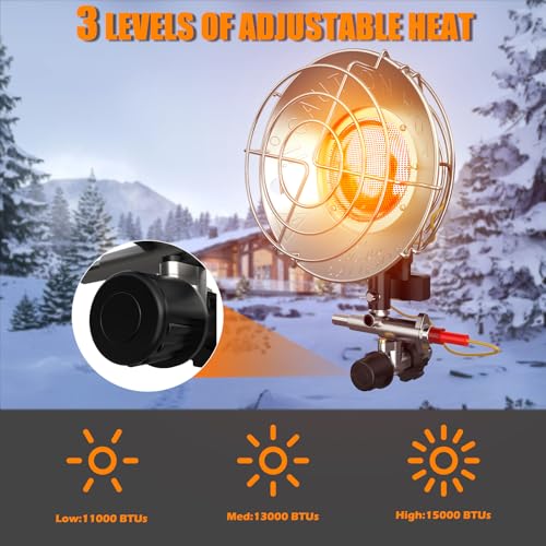 Buyplus Propane Heater - 15000BTU Outdoor Propane Heater with 3 Heating Modes, Safety Shut-off Valve & Tip-over Switch, Single Tank Top Tent Heaters for Outdoor Camping, Party, Red(Fuel not included)