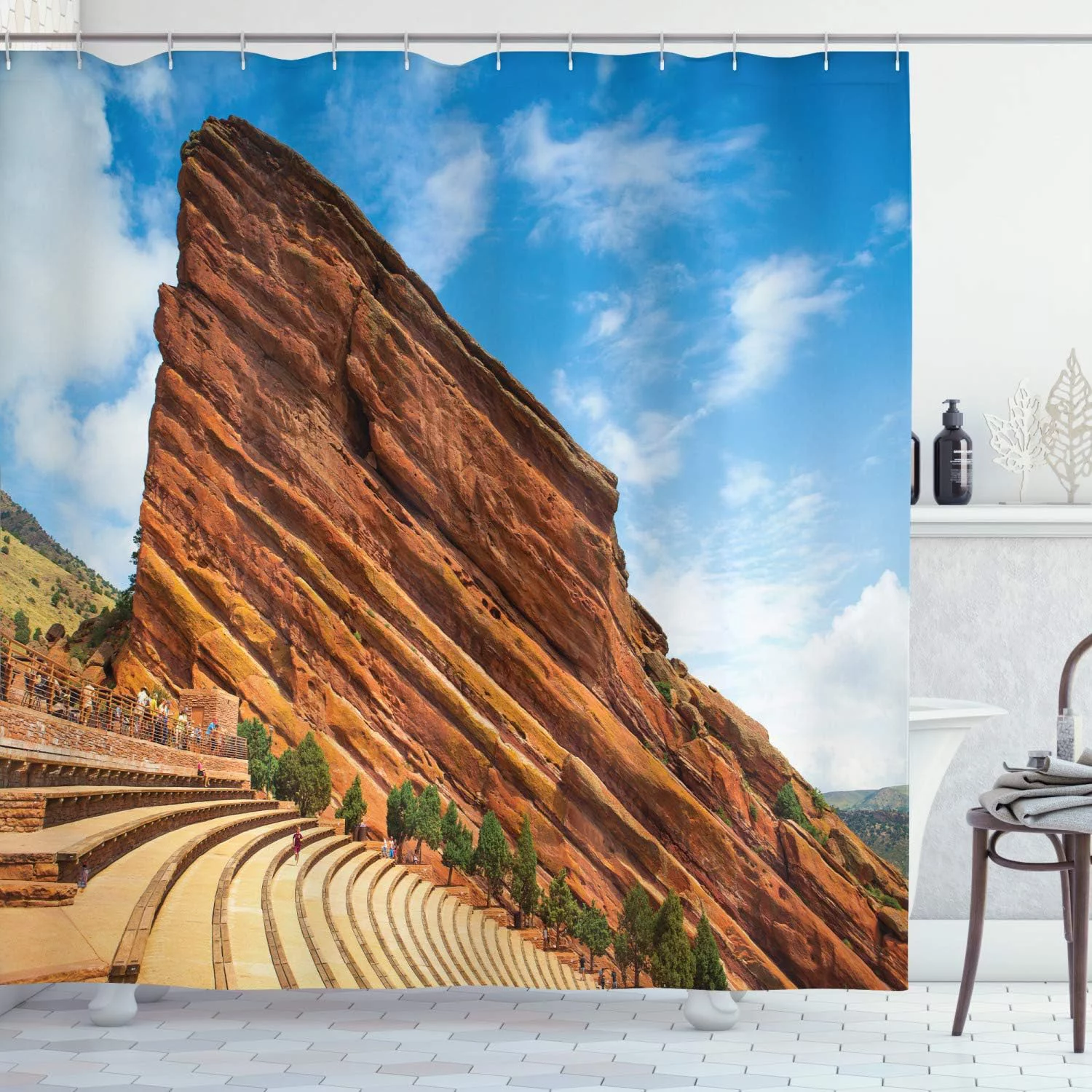 JOOCAR Denver Shower Curtain, Famous Travel Sight Historic Red Rocks Colorado Touristic Natural Destination, Cloth Fabric Bathroom Decor Set with Hooks, 72x72 inch, Sea Blue Cinnamon