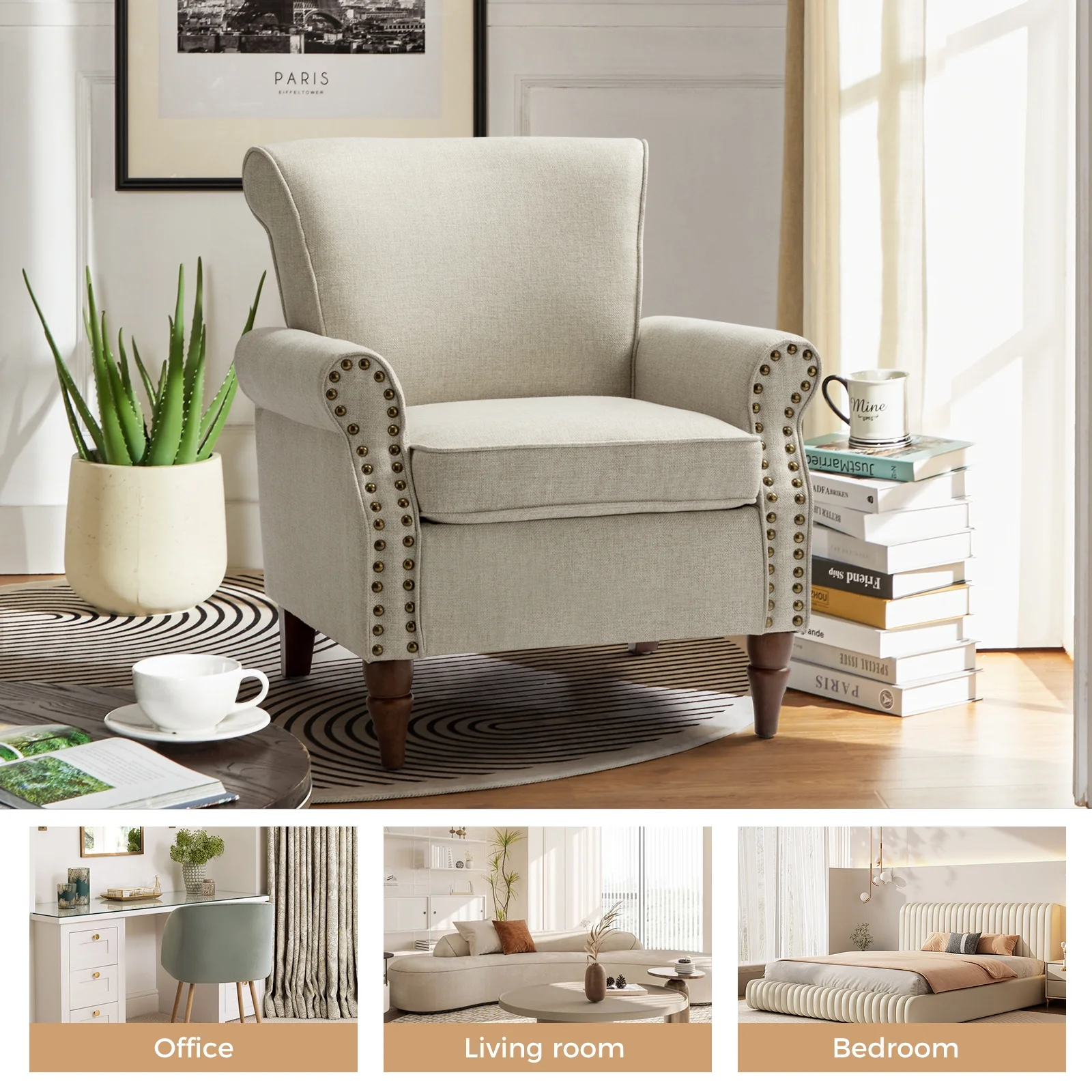 Traditional Armchair Turned Legs Accent Chair Nailhead Trim Home Living Room Bedroom Oatmeal