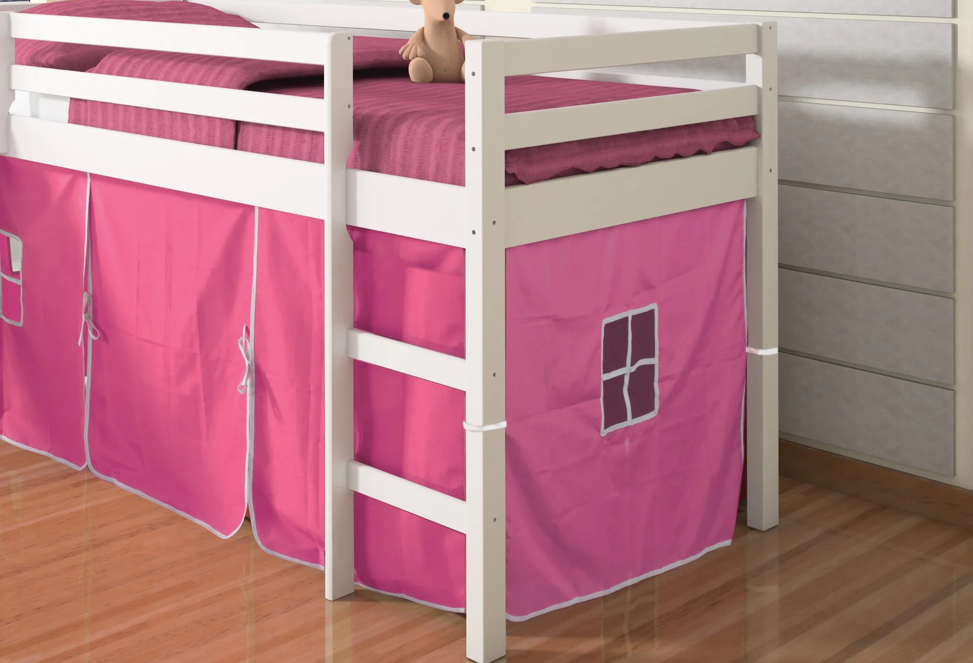 Donco Kids Twin Loft Bed with Pink Tent and Slide, White