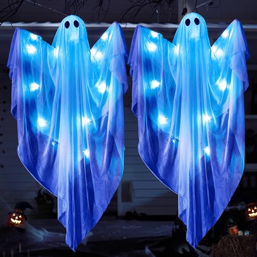 JOYIN 2 Pcs 47” Halloween Light up Hanging Ghost Decoration Outdoor, Halloween Flying Hanging Ghosts with Warm LED Light for Haunted House Prop, Front Yard Patio Party Decor Indoor Outdoor