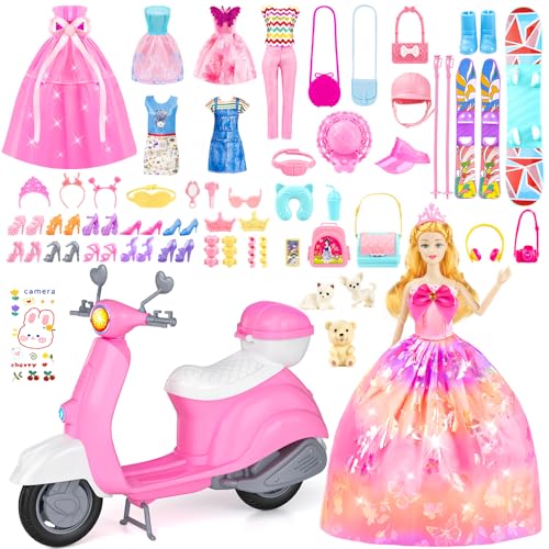 67PCS Doll Playset with Scooter & 11.5 Inch Doll Travel Accessories Skiing Kit, Pet Set, 10 Shoes, 6 Outfits (Wedding Dress/Pantsuit/Casual), Creative Dress Up Toys, Birthday Gifts for Girls Ages 3-12