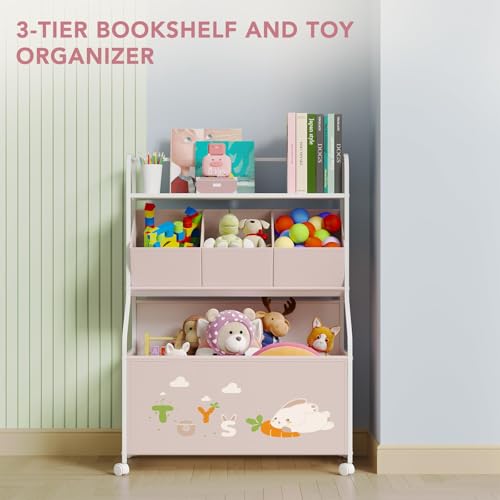 BBLIKE Toy Storage Organizer with Wheels - 3-Tier Kids Large Toy Box, Toy Chest Storage for Boys Girls Toddlers, Kids Bookshelf with 3 Fabric Toy Boxes for Playroom, White