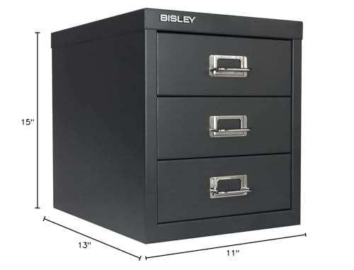 Bisley 10-Drawer Steel MultiDrawer Cabinet - Black, Chrome Pull Handles with Label Holders, Powder-Coated Steel, Removable Drawers, Fits Under Most Desks, Labels Included