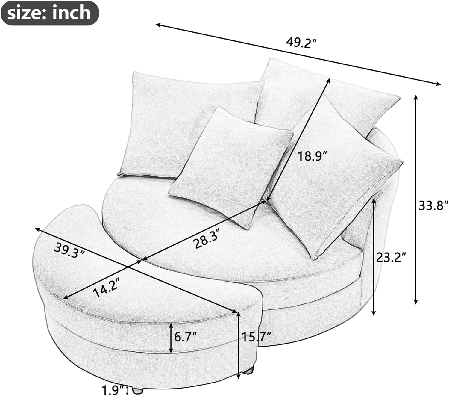 Swivel Accent Barrel Chair With Storage Ottoman & 4 Pillows, Modern Linen Leisure Chair Round Accent For Living Room