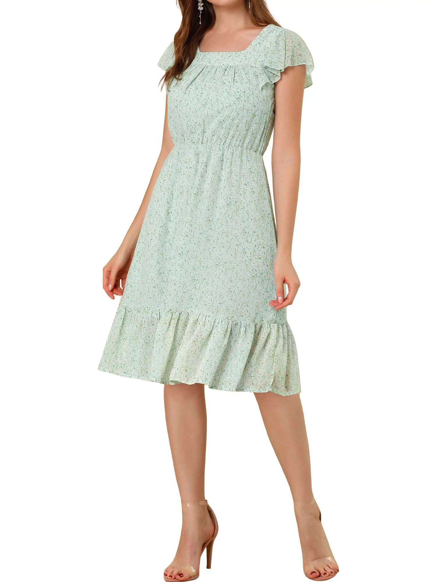 MODA NOVA Juniors Floral Print Flutter Sleeves Square Neck Ruffled Hem Dress