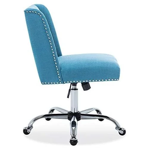 Modern Upholstered Linen Office Chair With Nailhead Trim, Armless Adjustable Height Swivel With Wheels, Stylish Farmhouse Computer Desk Seating - Blue
