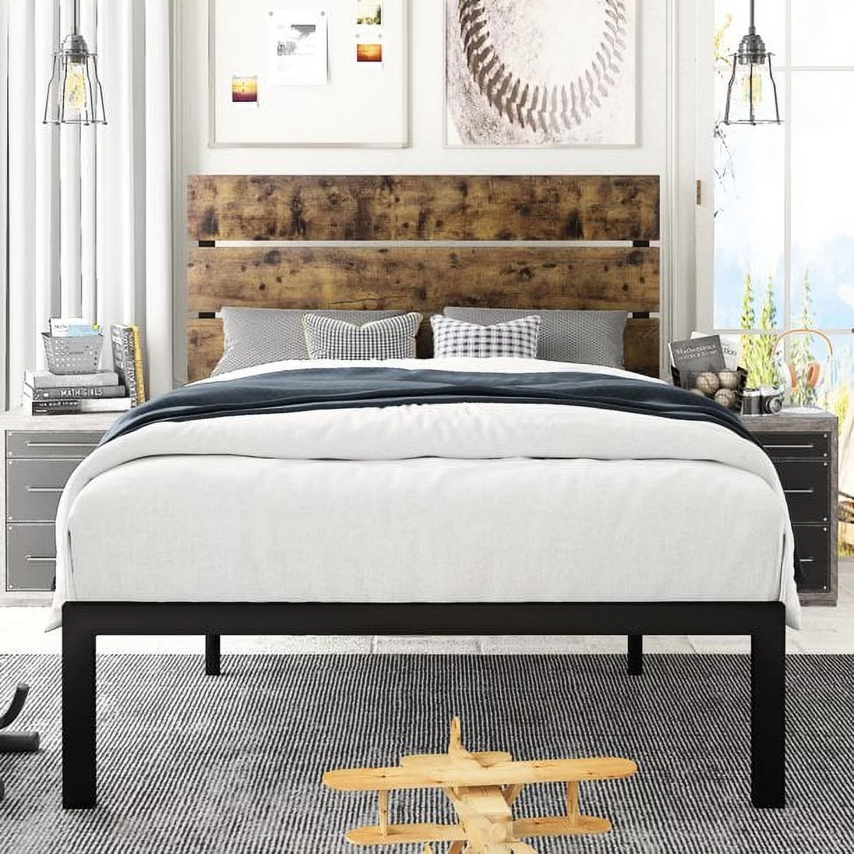 Amolife Twin Size Platform Bed Frame with Wood headboard and Metal Slats, Rustic Country Style Mattress Foundation, Dark Brown