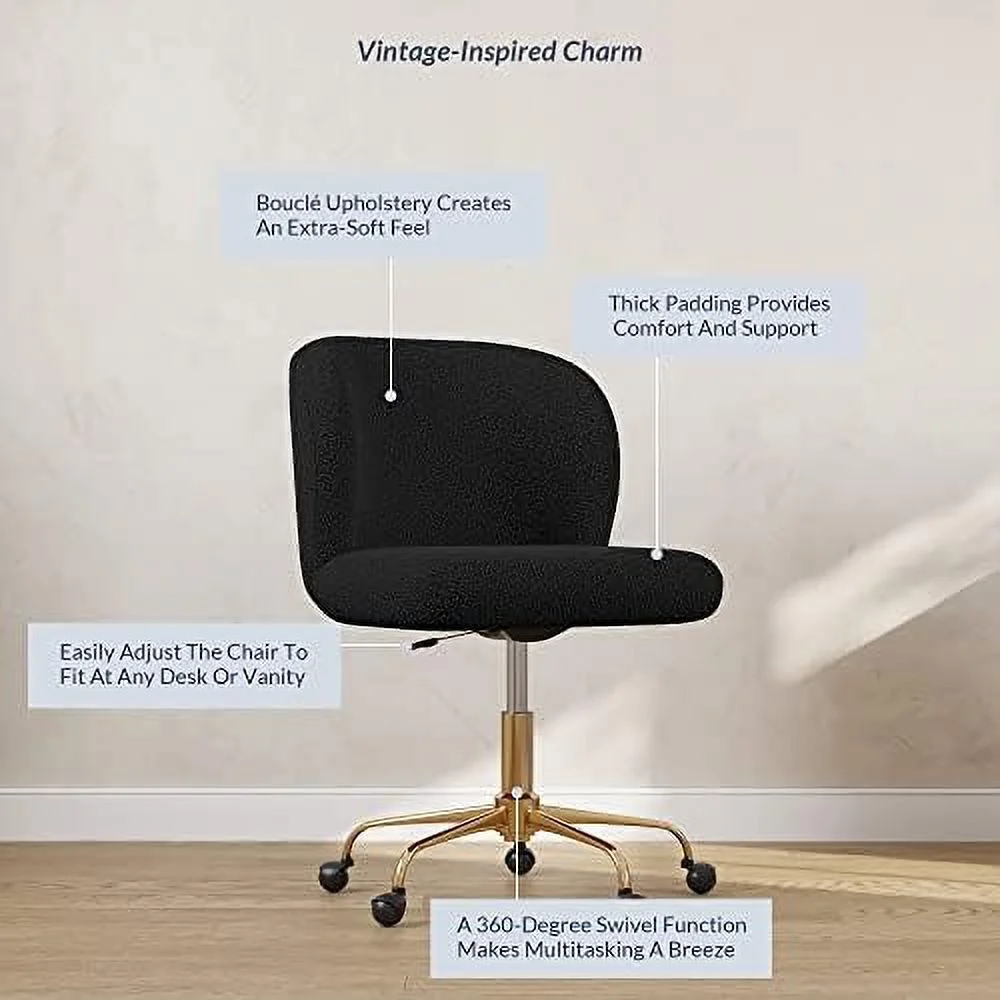 JOMA  Office Chair with Swivel Wheels and Adjustable Height  Upholstered Boucle Desk Chair with Arms Rolling Vanity  Stylish Comfy- Aston (Gold - White)