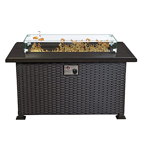 Kozyard Outdoor Patio Propane Gas Fire Pit Table - 50,000 BTU Wicker Design with Aluminum Tabletop, Glass Wind Guard, Clear Glass Rocks Slide Out Tank Holder - Ideal Patio Fire Table (Brown)