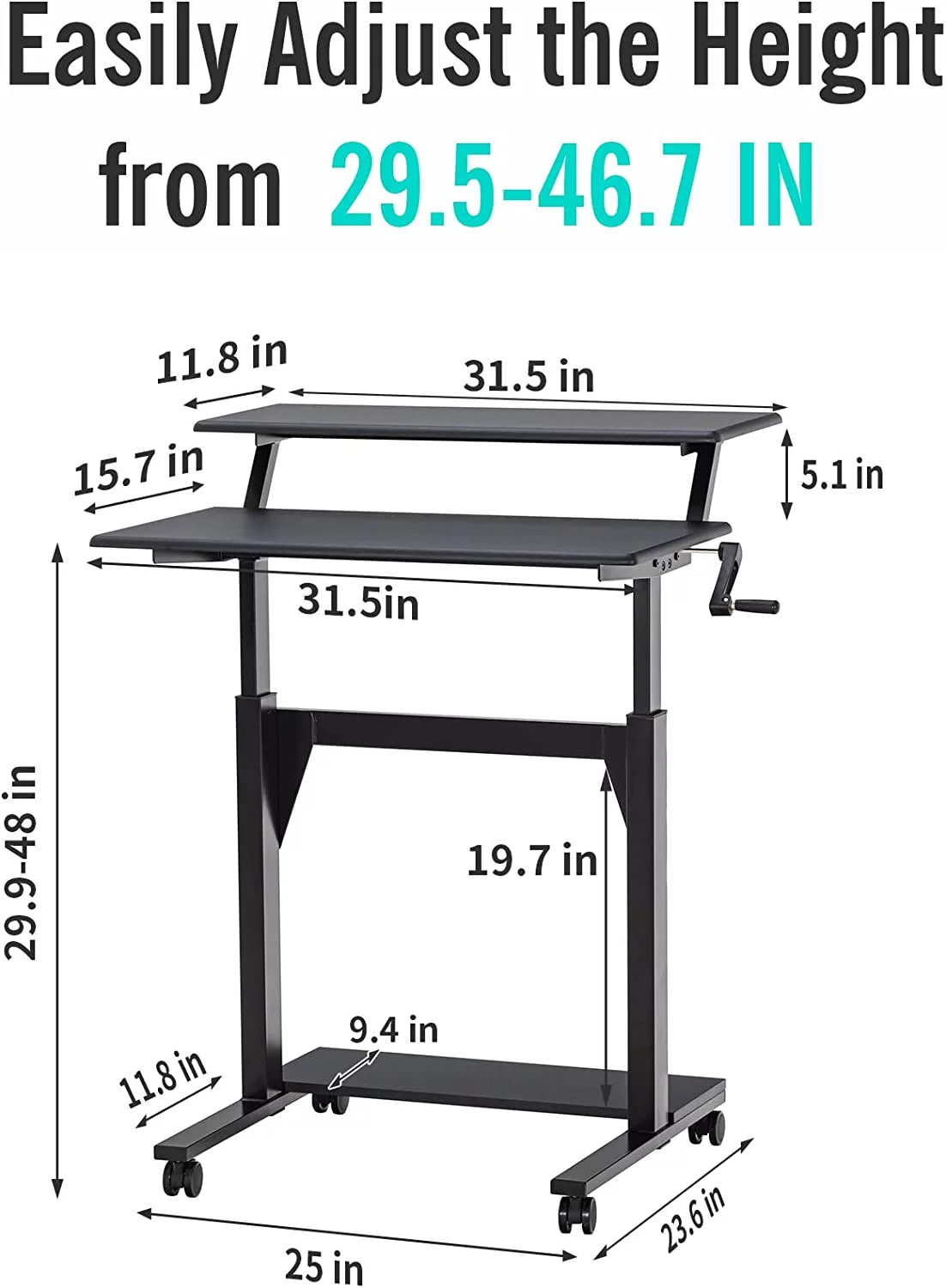 Crank Adjustable Height Standing Desk, 2 Tier Adjustable Sit To Stand Up Desk, Mobile Standing Desk, Rolling Table  (White Frame/Light Oak Top-2T-Crank)
