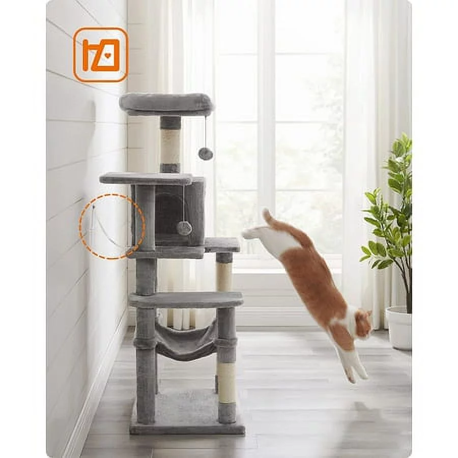 Feandrea Cat Tree Cat Tower Cat Condo with Scratching Posts Hammock Cat Activity Center Light Gray
