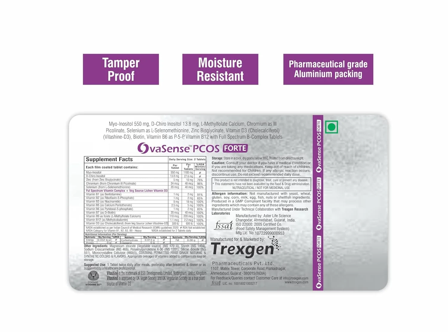 OvaSense-PCOS Forte Synergistic Myo-inositol 550mg & D-Chiro Inositol 13.8mg, Cholecalciferol, B-complex,Zinc, Chromium, Selenium & Micronutrients 30 Tablets