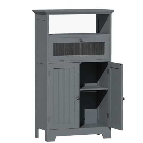 ChooChoo Bathroom Floor Storage Cabinet with Flip Glass Drawer, Freestanding with 2 Doors, Adjustable Shelf & 1 Open Storage for Living Room, Hallway, Navy Blue