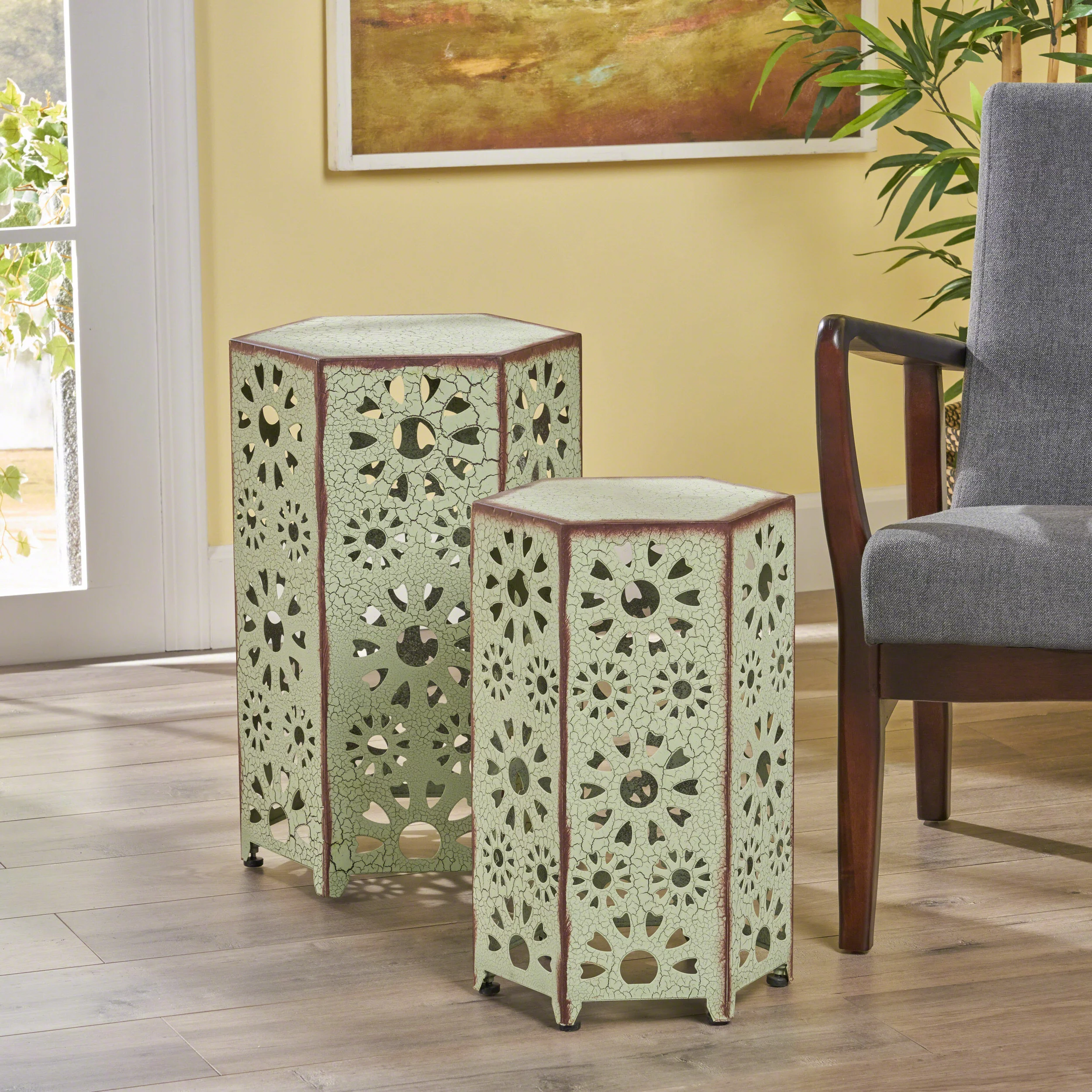 Noble House Vania 12 Inch and 14 Inch Sunburst Iron Side Table Set, Crackle Green