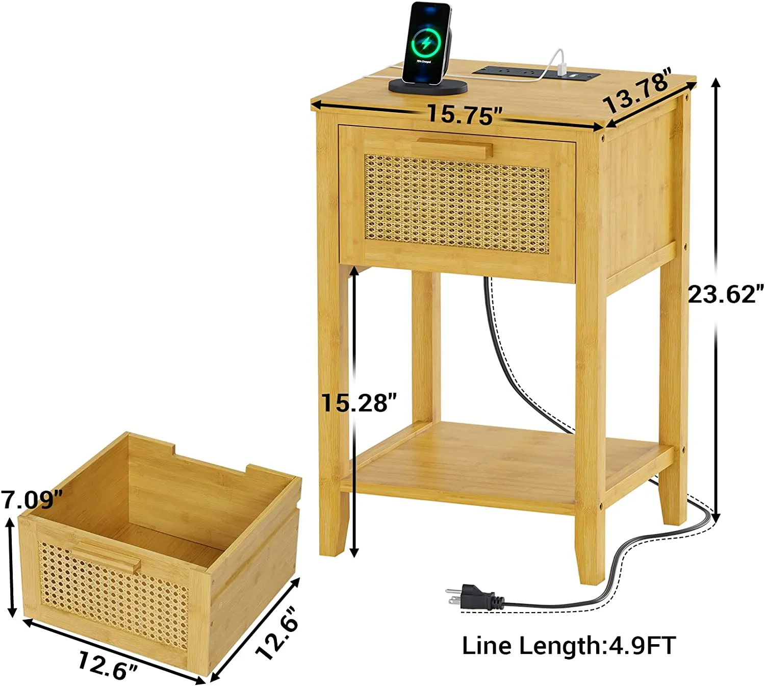 EPHEX Nightstands, Rattan Nightstands with Charging Station and Drawer, Solid Wood Bedside Tables with Open Shelf, Bamboo