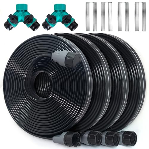 Sprinkler Hose with Holes, Flat Soaker Hose 100 Ft (25 ft 4pack) with Garden Staples and Splitters, Watering Drip Irrigation Hoses for Lawn, Vegetable and Garden Beds (100 ft)