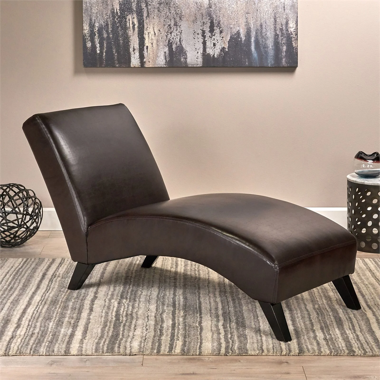 Noble House Finlay Bonded Faux Leather Chaise Lounge in Brown