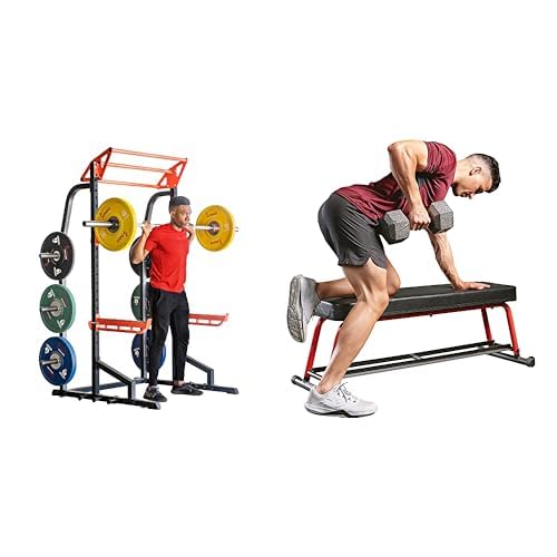 Sunny Health & Fitness Power Zone Half Rack Heavy Duty Performance Power Cage with J-Hooks, Adjustable Pull Up Bar Optional Bench with Dumbbell Rack, Premium Incline Bench, LAT Pull Down Attachment