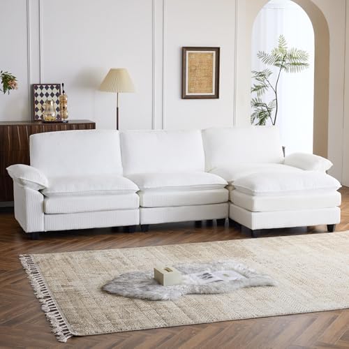 Karl home Sectional Sofa Modular Deep Seat Sofa Couch with Ottoman, Corduroy Sofa Sleeper Comfy Upholstered Furniture for Living Room, Apartment, Studio, Office, (3-Seat & 1-Ottoman, White)