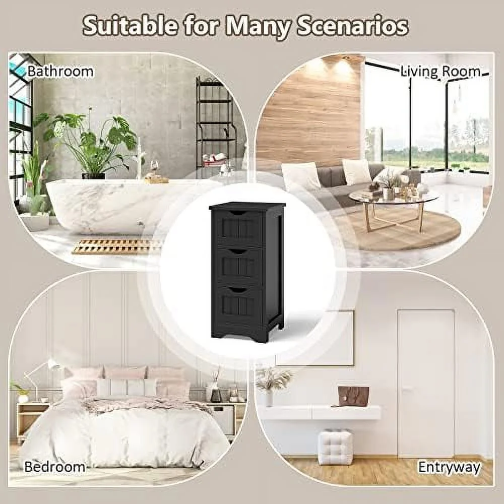 HJZBNONE Bathroom  Cabinet  Space-Saving Slim  Cabinet with 3 Drawers  Freestanding Wooden Narrow Floor Cabinet for Living Room Bathroom Bedroom Entryway (Black)