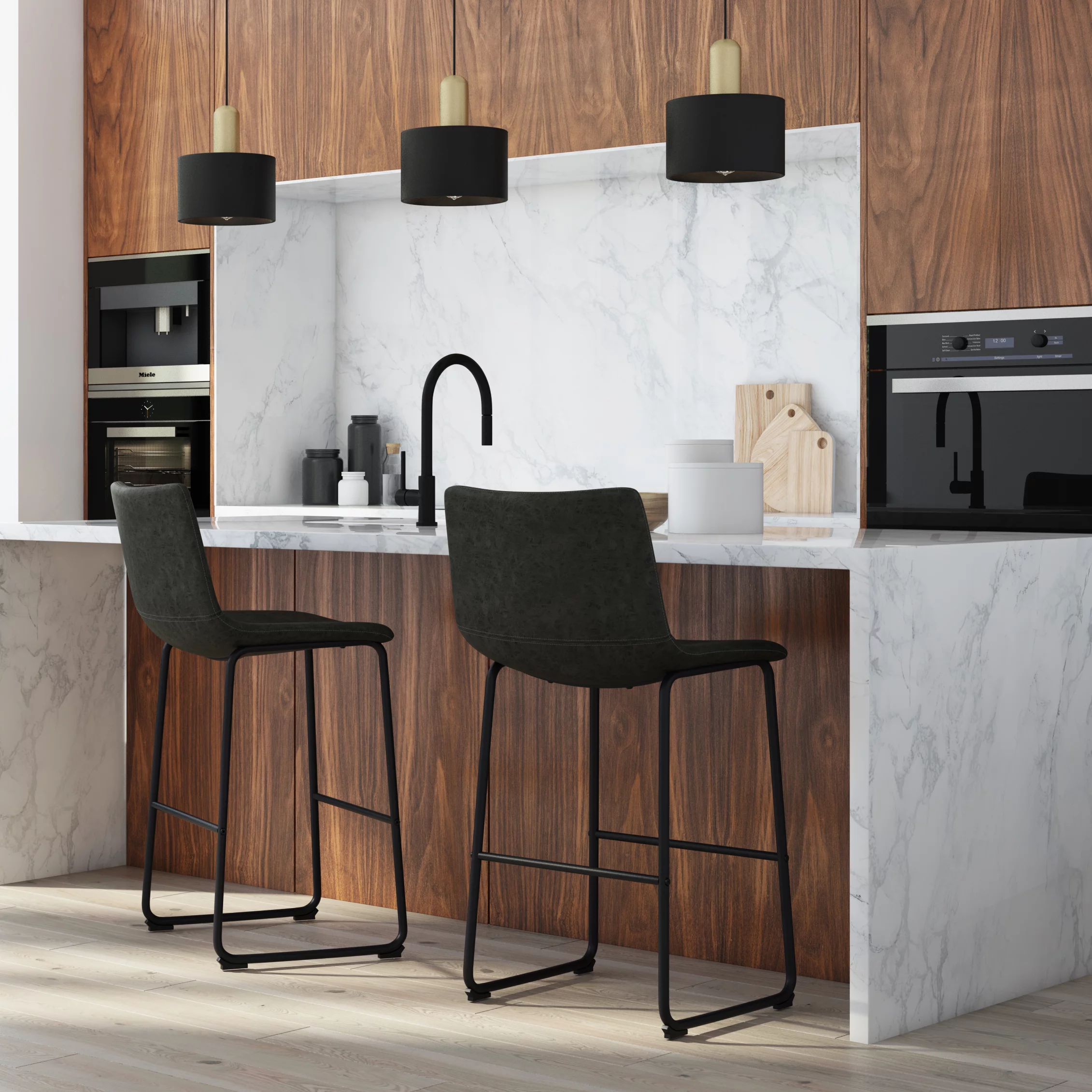 Simpli Home Warner Bar Stool (Set of 2) in Distressed Charcoal Grey Faux Leather