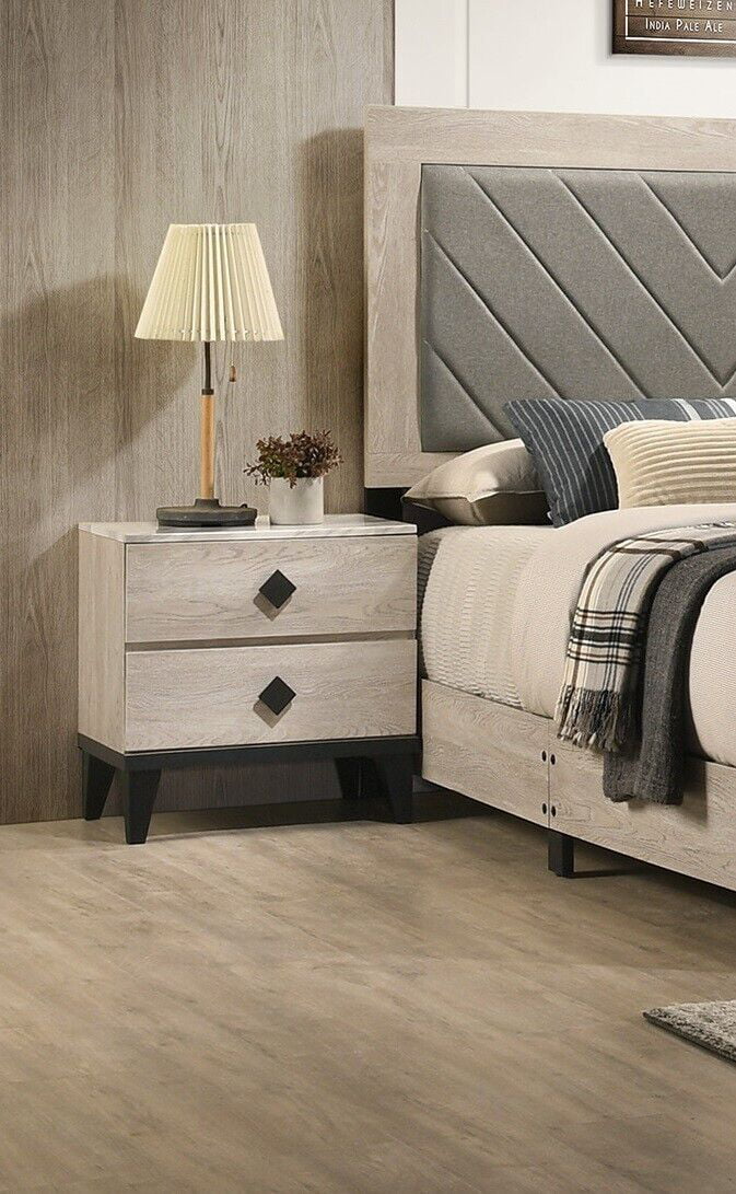 California King Size Bed, 2x Nightstands Cream Finish Transitional Wooden Bedroom Tufted Headboard Bedframe 3pc Furniture Set