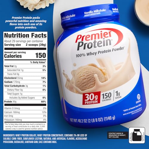 Premier Protein Powder, Vanilla Milkshake, 30g Protein, 1g Sugar, 100% Whey Protein, Keto Friendly, No Soy Ingredients, Gluten Free, 17 Servings, 23.3 Ounces
