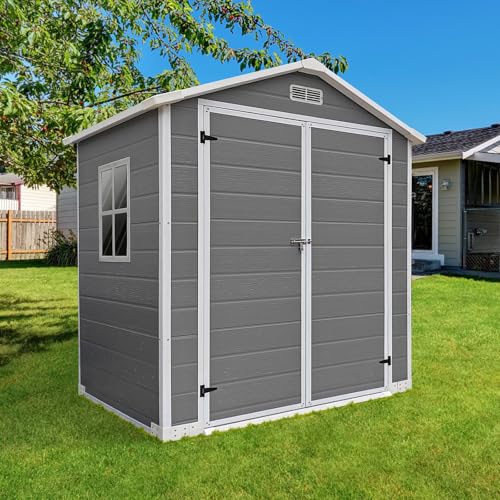 6x4 FT Outdoor Storage Resin Shed with Floor,Waterproof Plastic Garden Bike Shed with Lockable Door, Sloped Roof, Vents & Windows, Easy Assembly Tool Shed for Lawn, Backyard, Patio, Grey