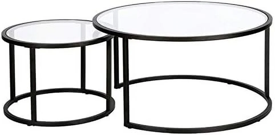 Metal Double Nested Round Coffee Table In Black With Glass Top