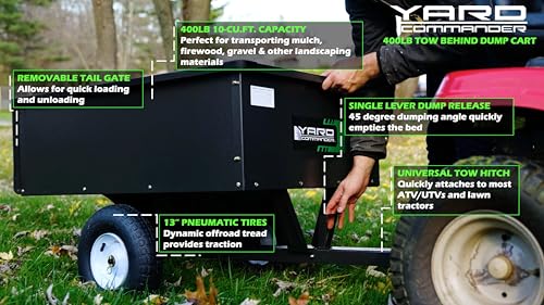 Yard Commander - 400LB Heavy Duty Tow Behind ATV Trailer Steel Dump Cart - 10-Cubic Feet Capacity - Garden Utility Trailer - Trailers with Removable Tailgate for Riding Lawn Mower Tractor