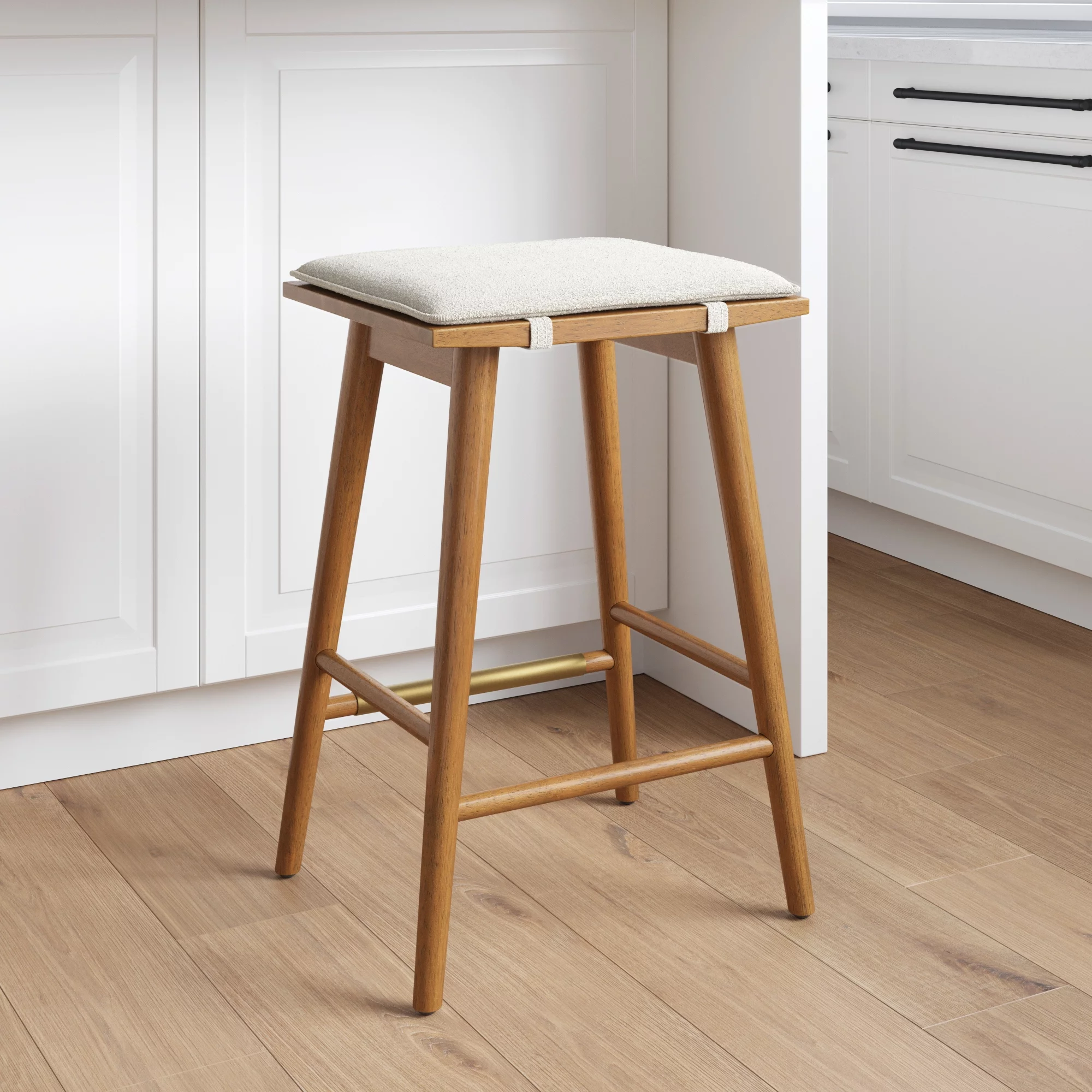 Nathan James Barker Counter Height Solid Wood Barstool with Upholstered Cushion, Backless Island Stool with Rubberwood Legs and Natural Textured Linen Upholstery for Kitchen, Brown/White