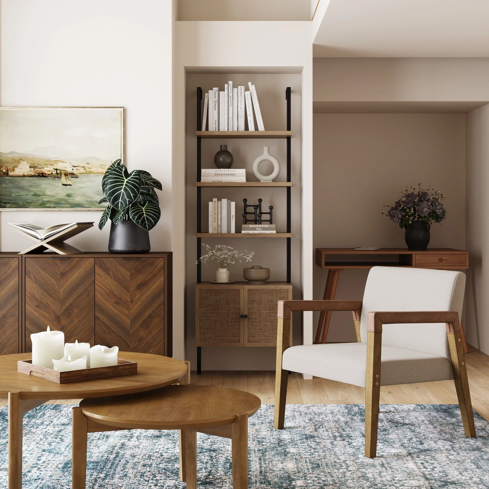 Nathan James Hudson Natural Flax Upholstered Accent Chair with Arms Wrapped in Chestnut Brown Faux Leather