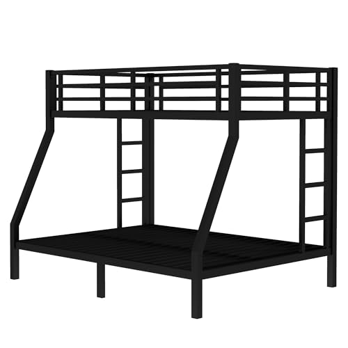Heavy Duty Bunk Bed Frame with Ladder, Twin XL Over Twin XL Bunk Beds with Safety Guardrails, Adults Bunk Beds with Noise-Reducing Rubber Stoppers, Easy Assemble, Black