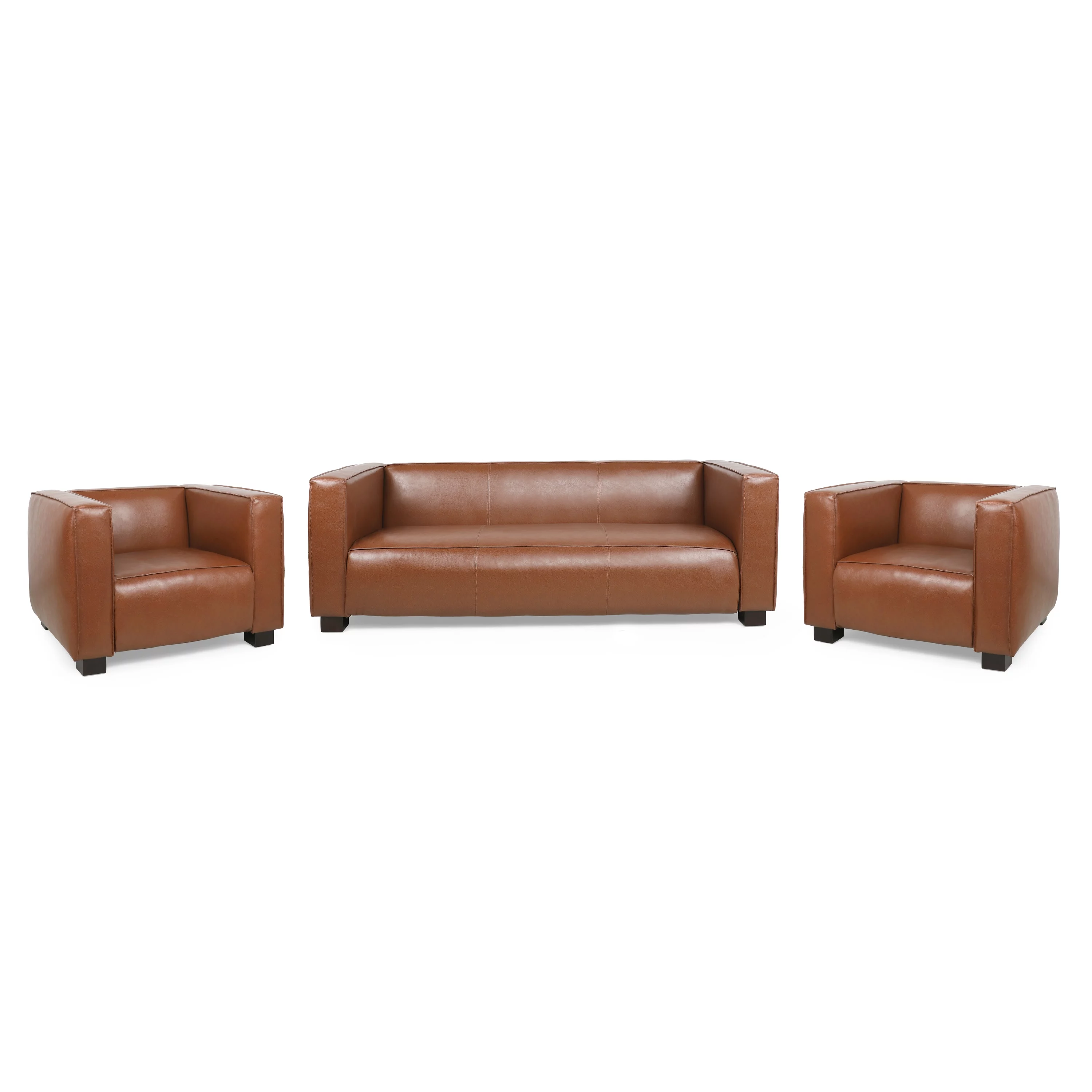 GDF Studio Minkler Contemporary Faux Leather 3 Piece Living Room Sofa Set, Cognac Brown and Dark Walnut