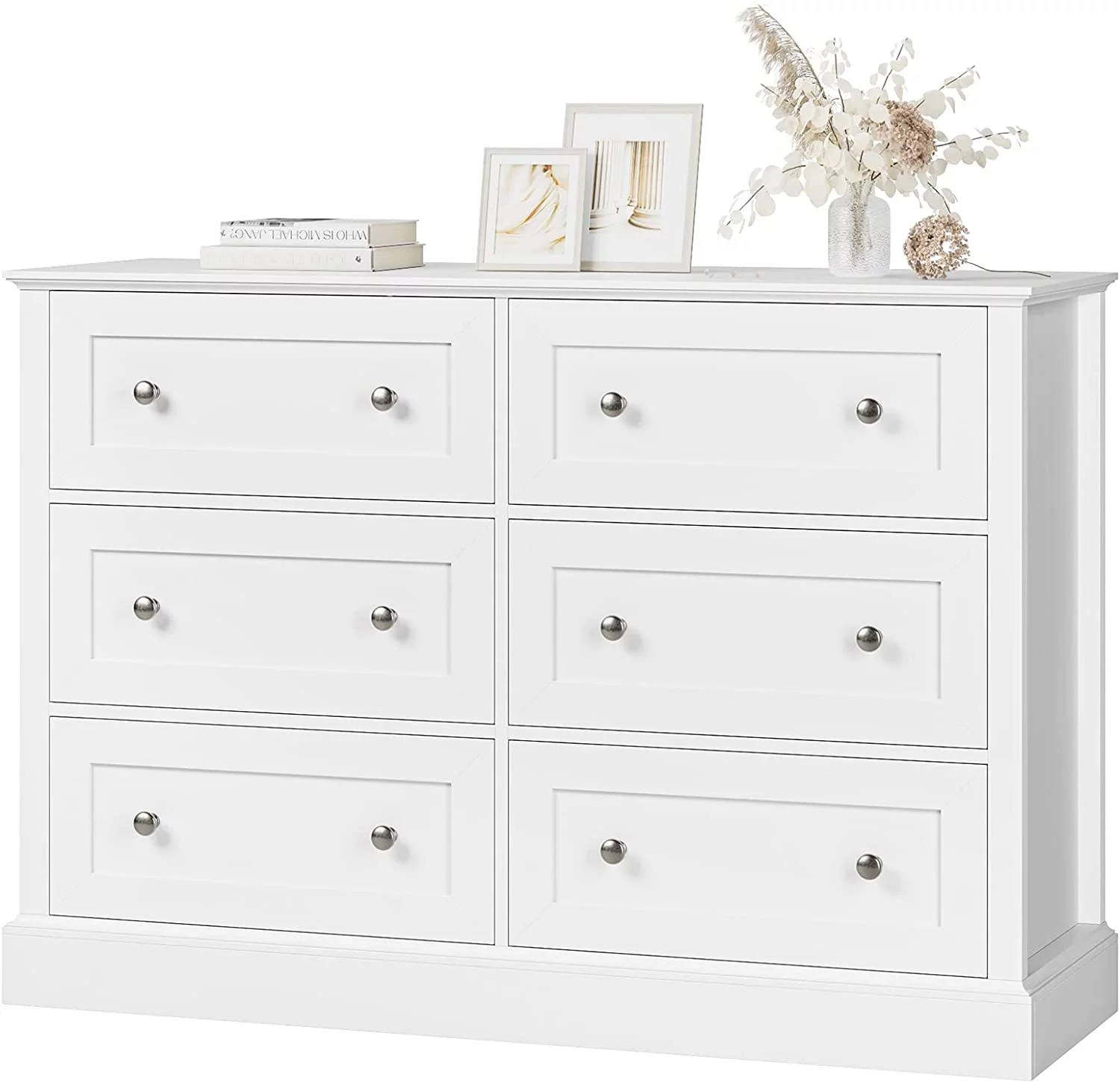 Popular 6 Drawer Double Dresser  White Dresser for Bedroom  Wide Chest of Drawers with Deep Drawers & Mental Double Handles for Hallway Living Room