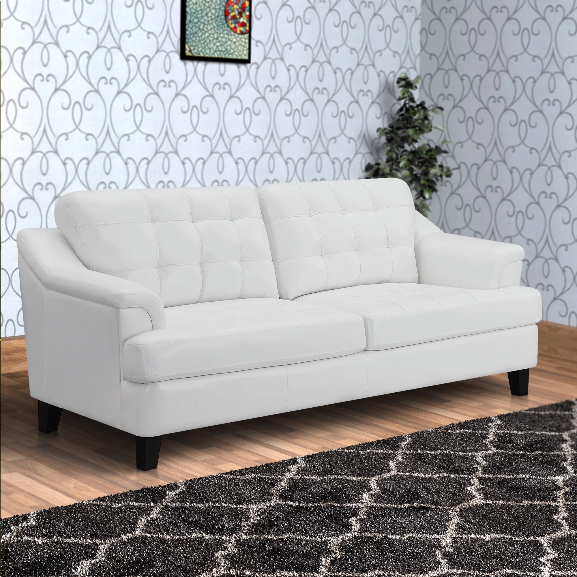 Faux Leather Upholstered Wooden Sofa with Tufted Cushioning and Wooden Feet, White and Black