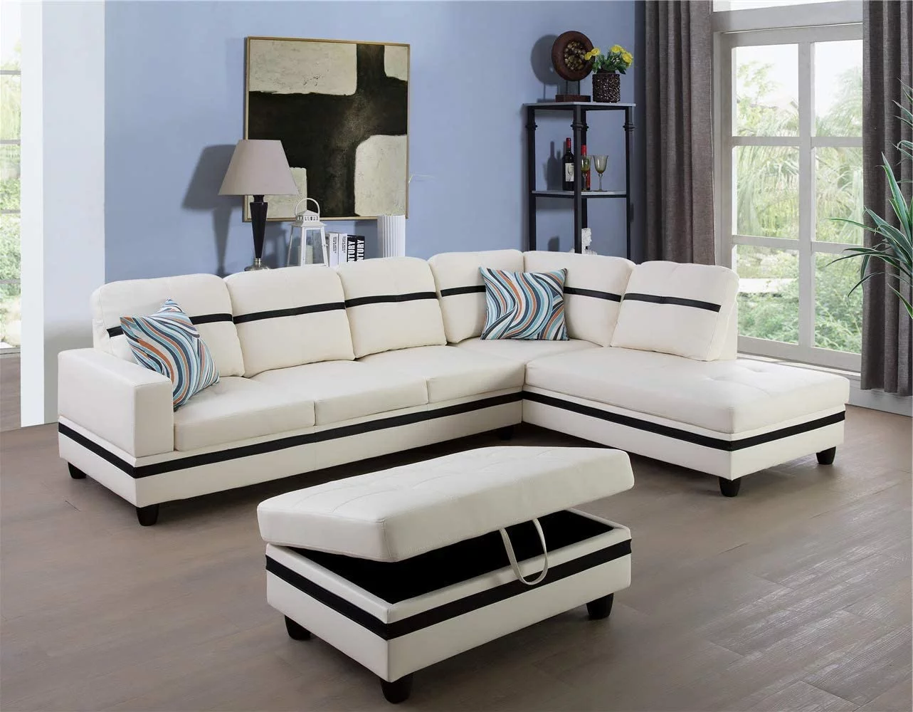 Pon Living Furniture White Faux Leather Sectional Sofa Set, L-Shaped Couches for Living Room