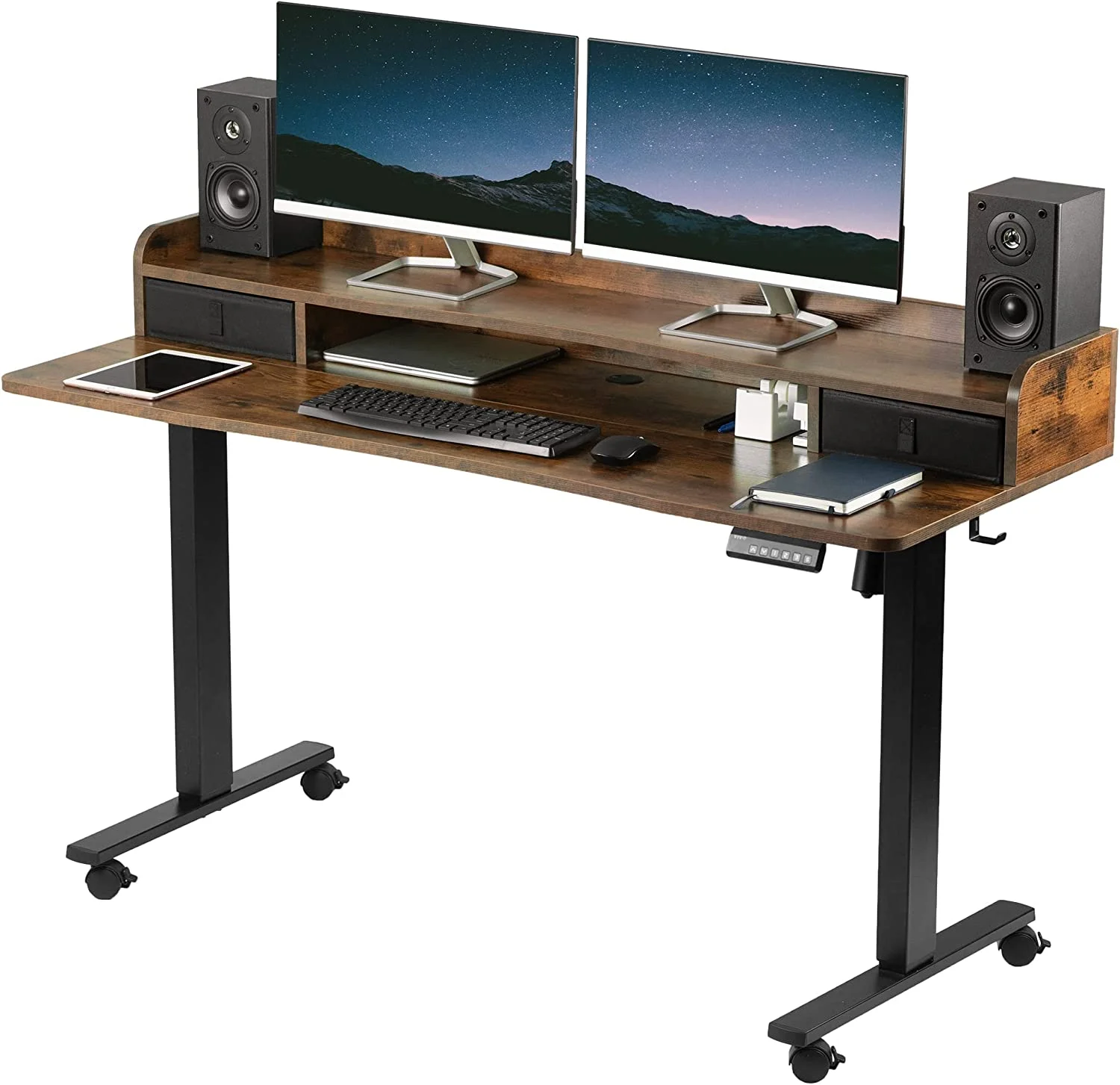 Electric 2-Tier Height Adjustable 60 X 24 Inch Stand Up Desk, Mobile Table With Storage Drawers, Standing Workstation With Memory Controller, Casters, Dark Walnut Top, Black Frame, DESK-E-Y60SD