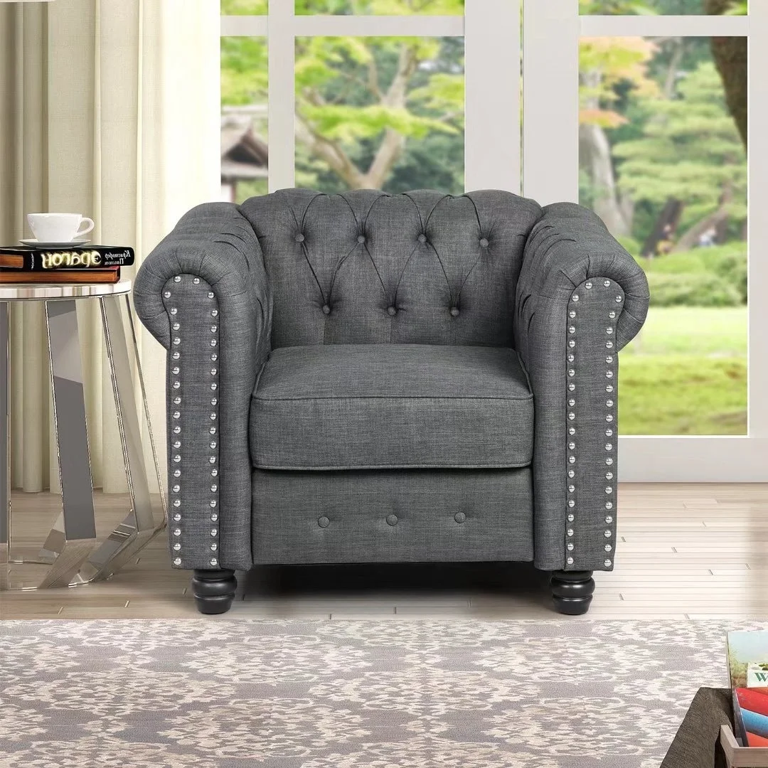 Morden Fort   Upholstered Chesterfield Set Chair, Loveseat ,Sofa 3 PCS for Living Room, Fabric, Linen Grey
