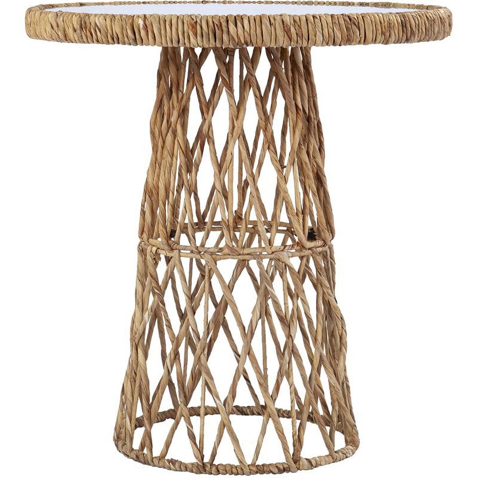 Bowery Hill Modern Round Glass Top Rattan Side Table in Natural