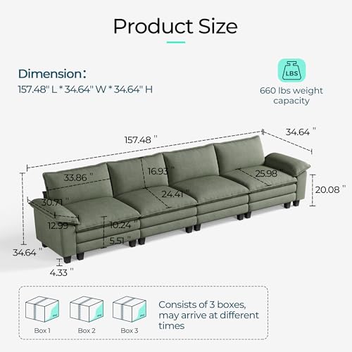 LINSY HOME Modular Sectional Sofa - 123'' Oversized Corduroy Cloud Couch L Shaped Couch with Movable Ottoman Soft Modern Comfy Sofa for Living Room Apartment Office, Green