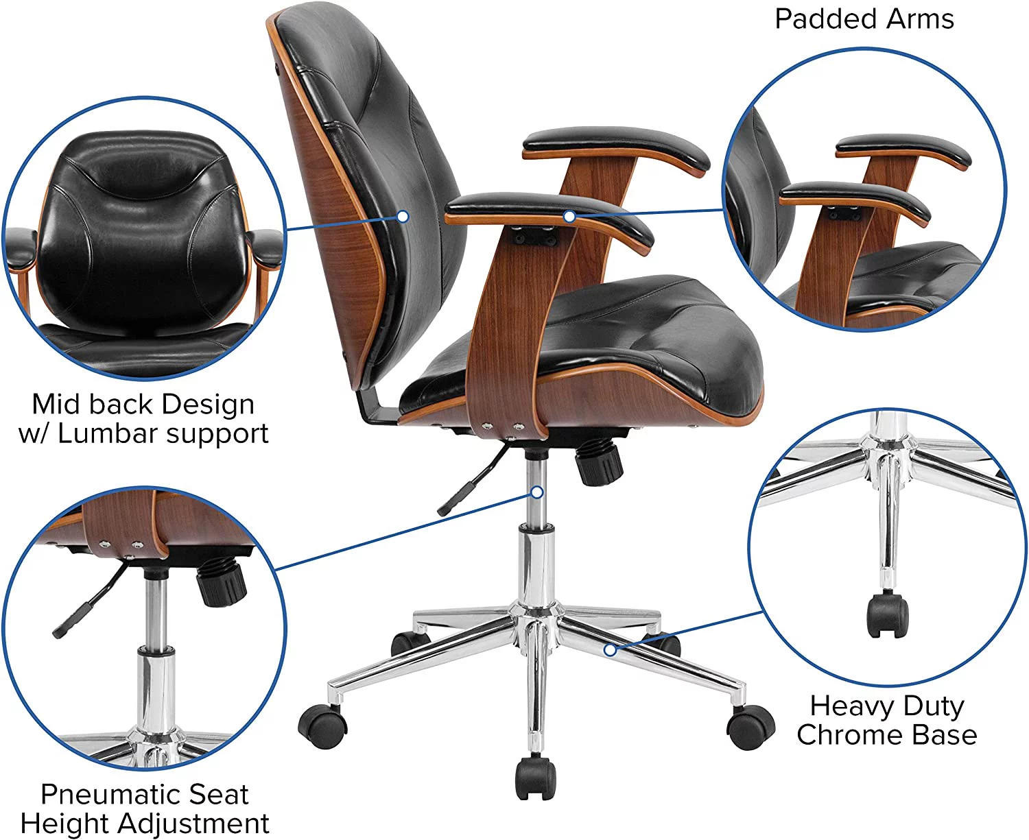 RUNFAYBIU Frederick Mid-Back Ergonomic Office Chair Executive Swivel Bentwood Frame Desk Chair in Black Faux Leather