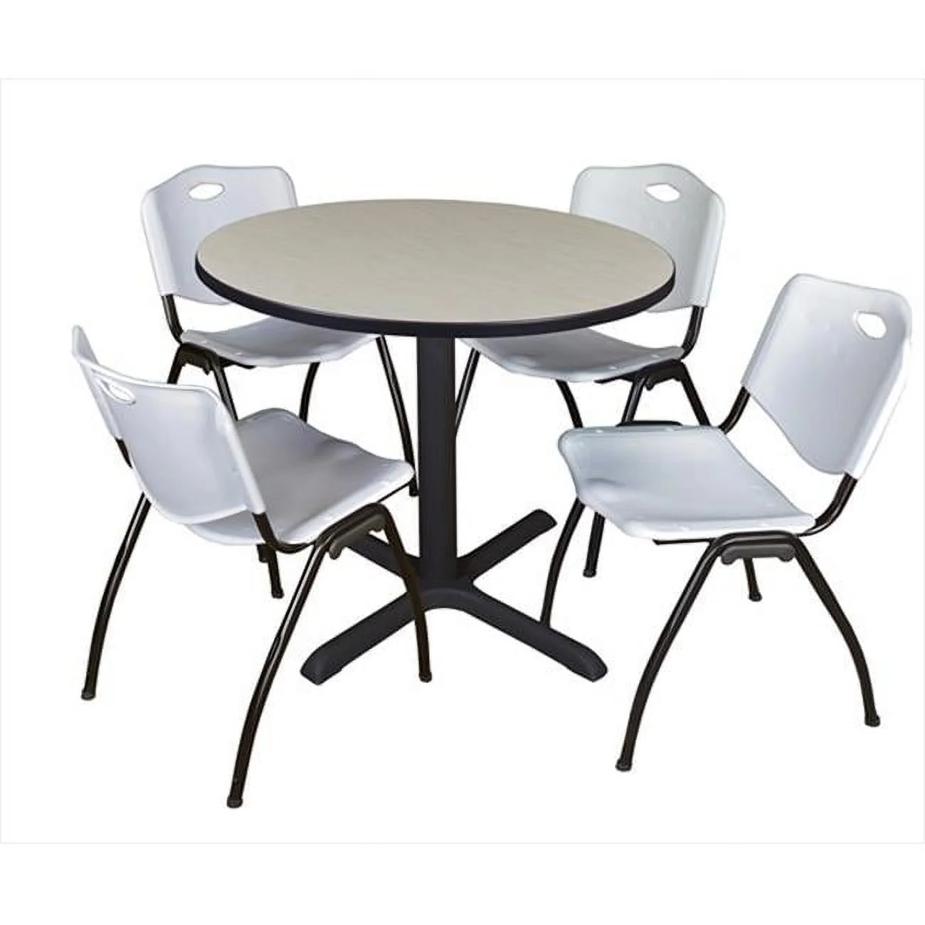 42 In. Round Laminate Table- Maple & Cain Base With 4 Grey M Stack Chairs