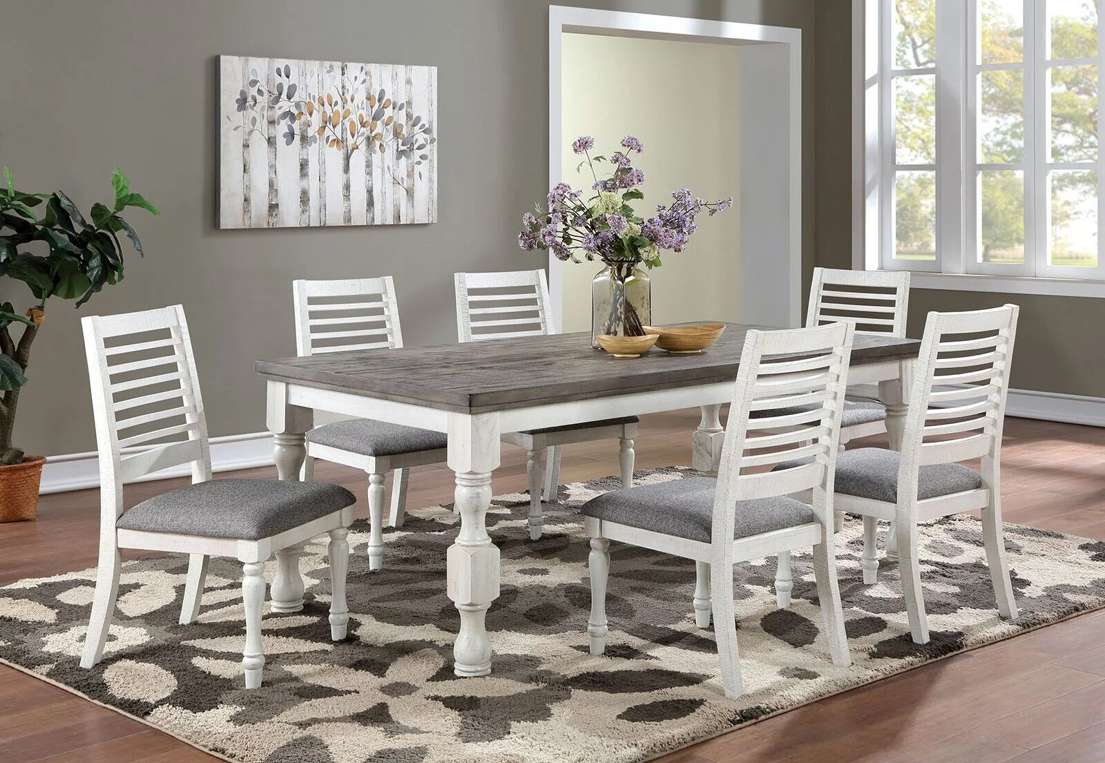 Classic Two-Tone Dining Table 6x Side Chairs 7pc Set Antique White And Gray Solid wood Ladder Back Chairs Fabric Cushions