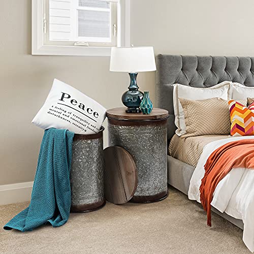 RUSTOWN Farmhouse Accent Side Table, Rustic Storage Ottoman Seat Stool, Galvanized Antique Metal End Table Box Bin with Round Wood Lid, Coffee or Cocktail Table, Nesting Pieces Two (Galvanized)