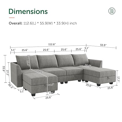 HONBAY Modular Sectional Sofa with Storage U Shaped Modular Sofa 6-Seater Sectional Couch for Living Room, Grey