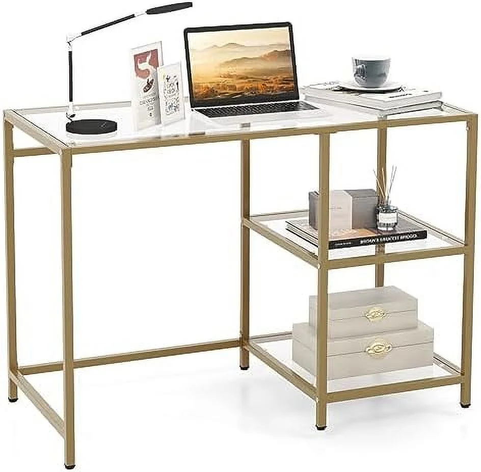 HJZBNONE Tempered Glass Computer Desk with 2-Tier  Shelves  Modern Computer Workstation  Vanity Makeup Table  Sturdy Metal Frame  Home Office Desk  Student Writing Study Desk (Gold)