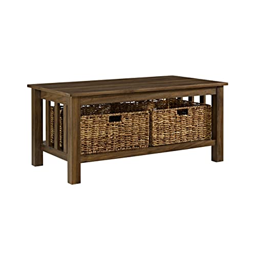 Walker Edison Coastal Black Living Room Coffee Table with Lower Shelf and Faux Rattan Wicker Baskets, 40 Inch